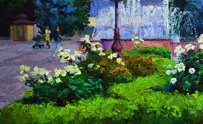 Oil painting by Boris Serdyuk: vibrant green bushes with white flowers in park