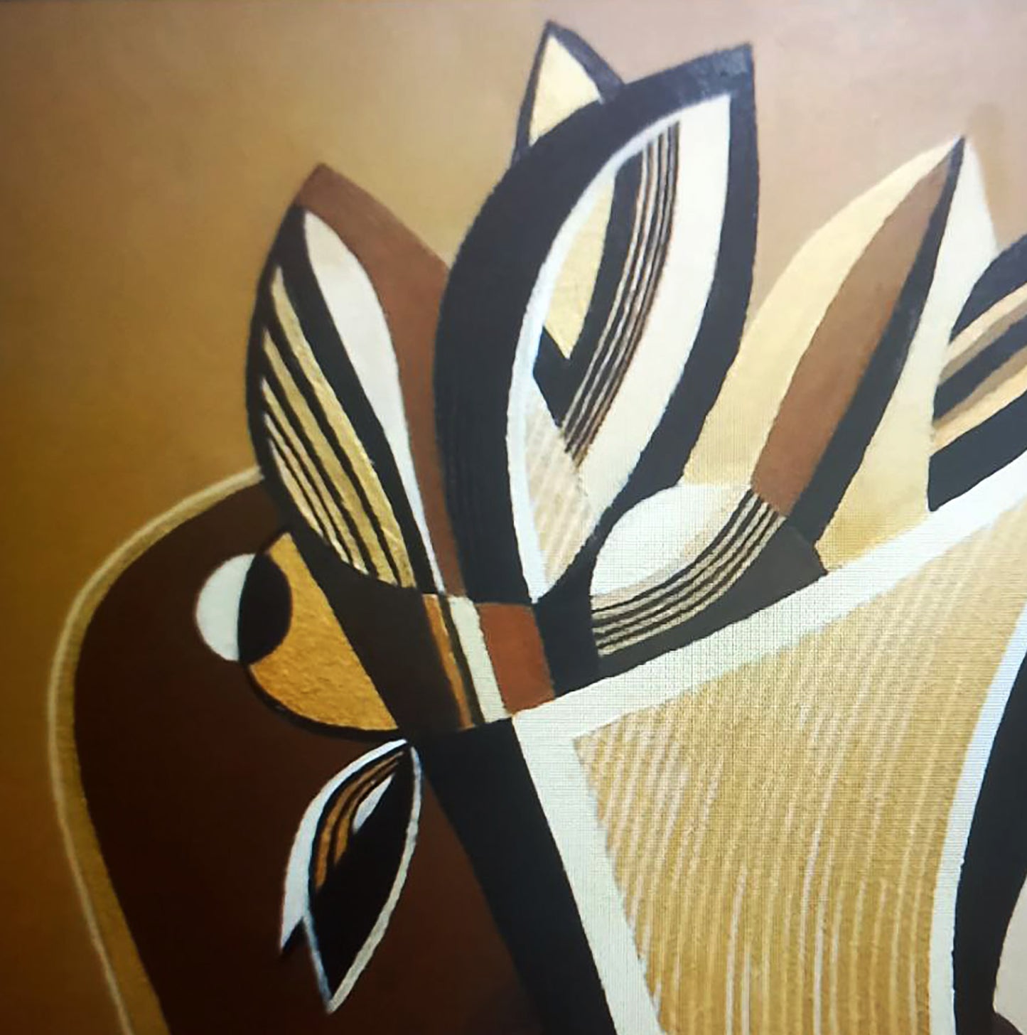 Oil painting Golden vase by Alexander Strashevich, abstract geometric floral in warm earth tones