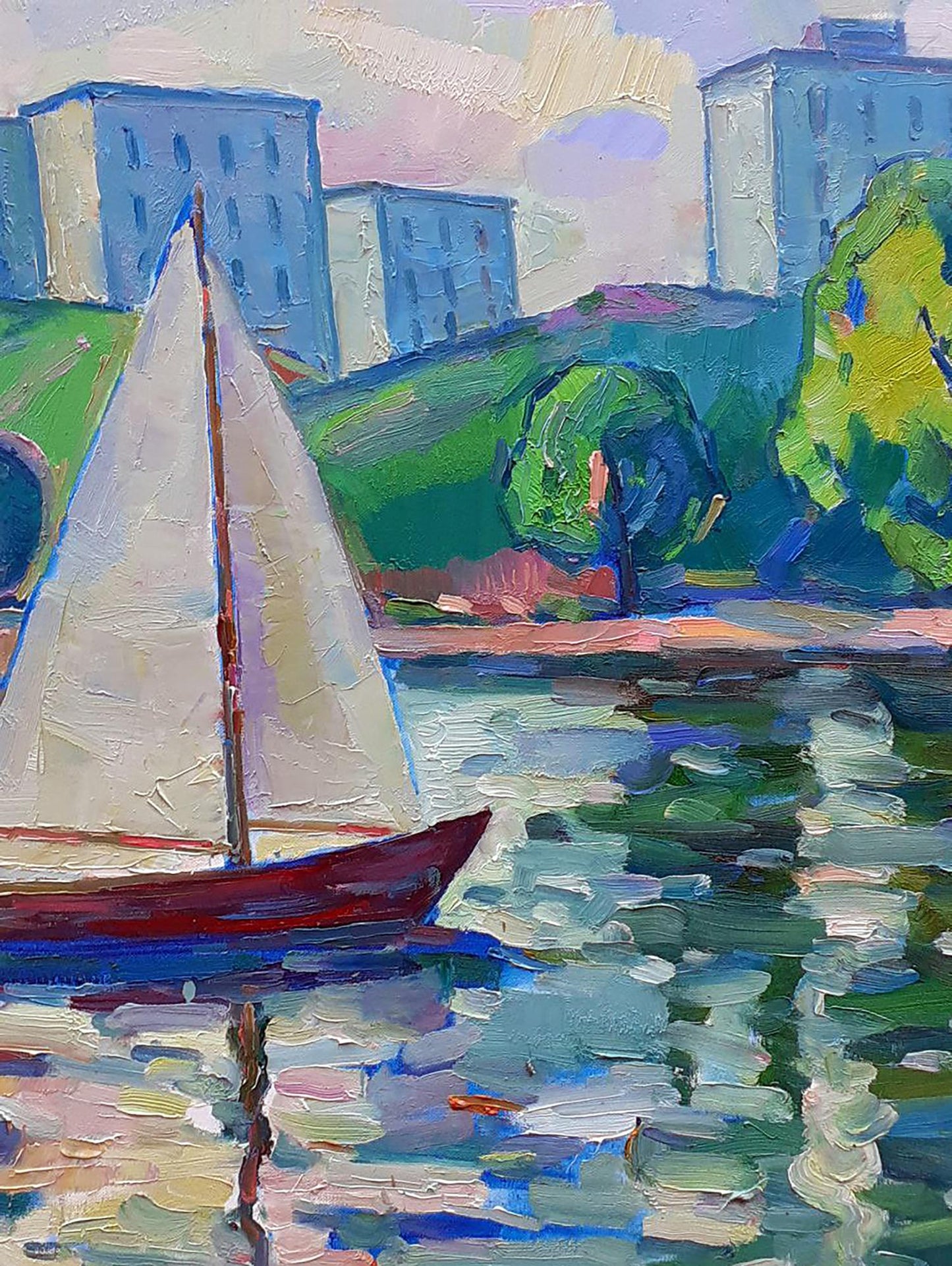 Oil painting Sails at sea by Peter Dobrev: red sailboat on water
