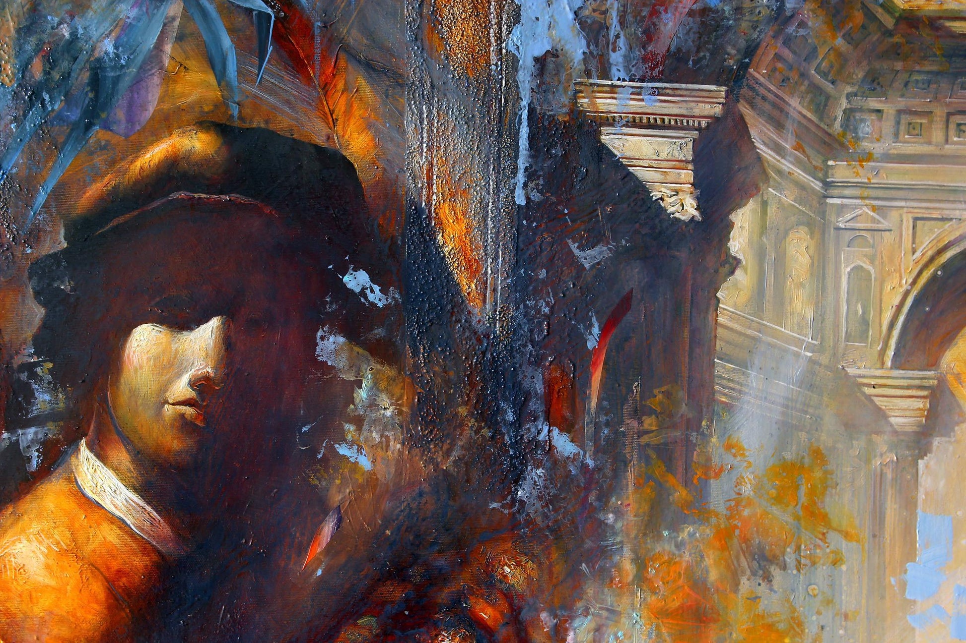 Oil painting Two by Alexander Dobrodiy in classic interior, textured orange tones