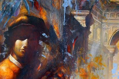Oil painting Two by Alexander Dobrodiy in classic interior, textured orange tones