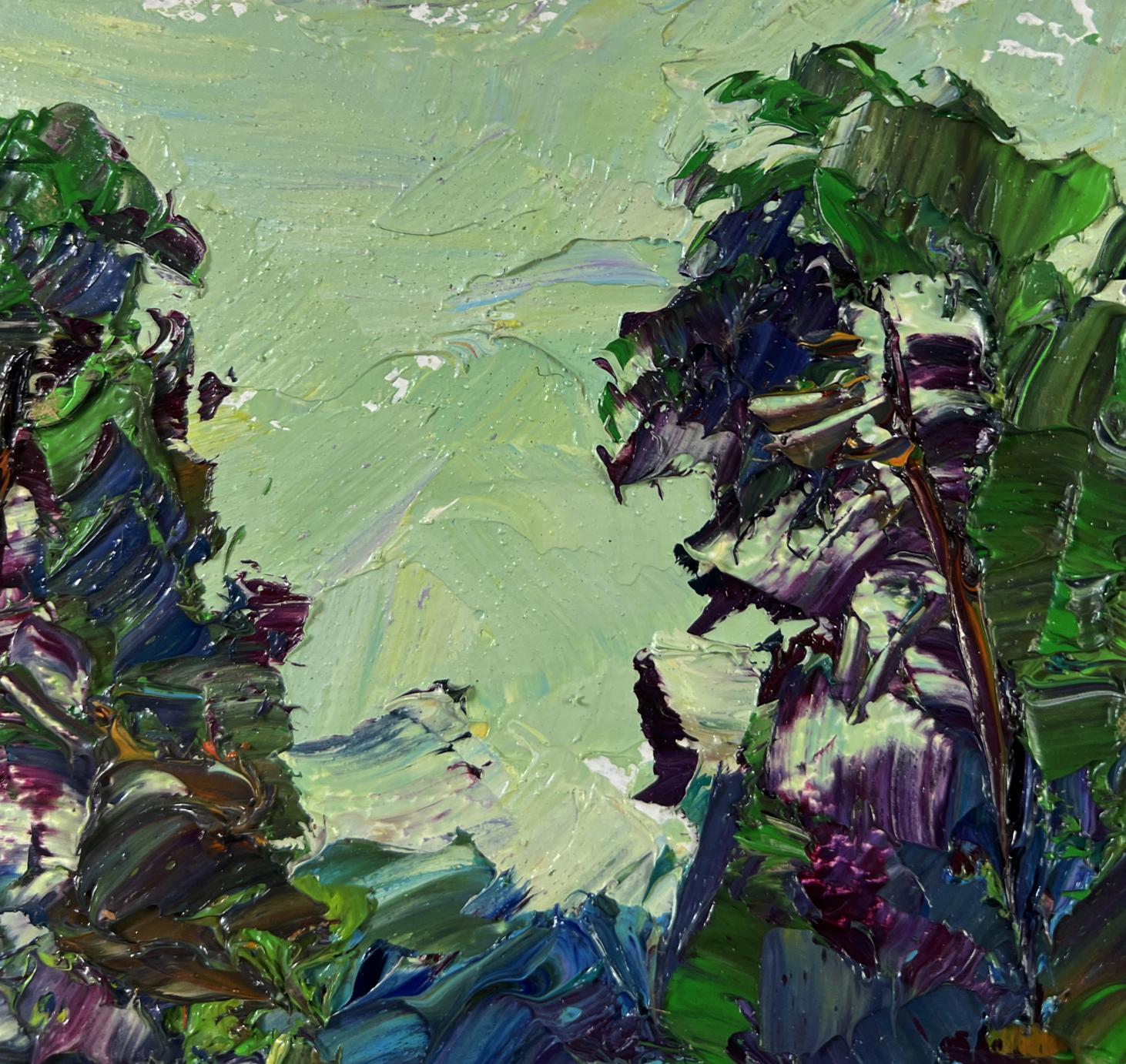 Impasto oil painting of road to green dense forest by Boris Serdyuk