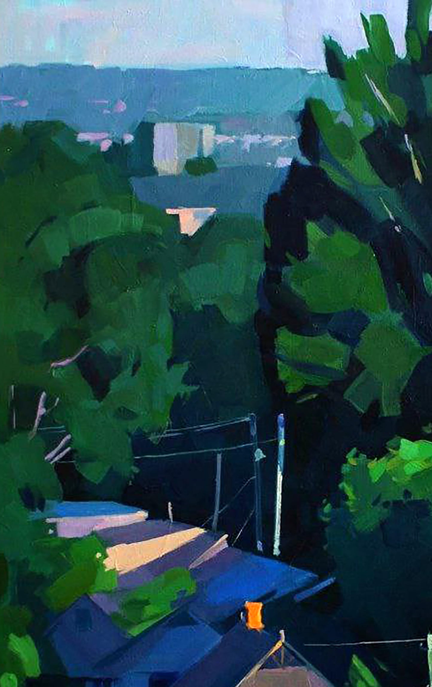 Oil painting At five in the morning by Anastasia Yaroshevich: vibrant green foliage frames distant rooftops under soft blue sky