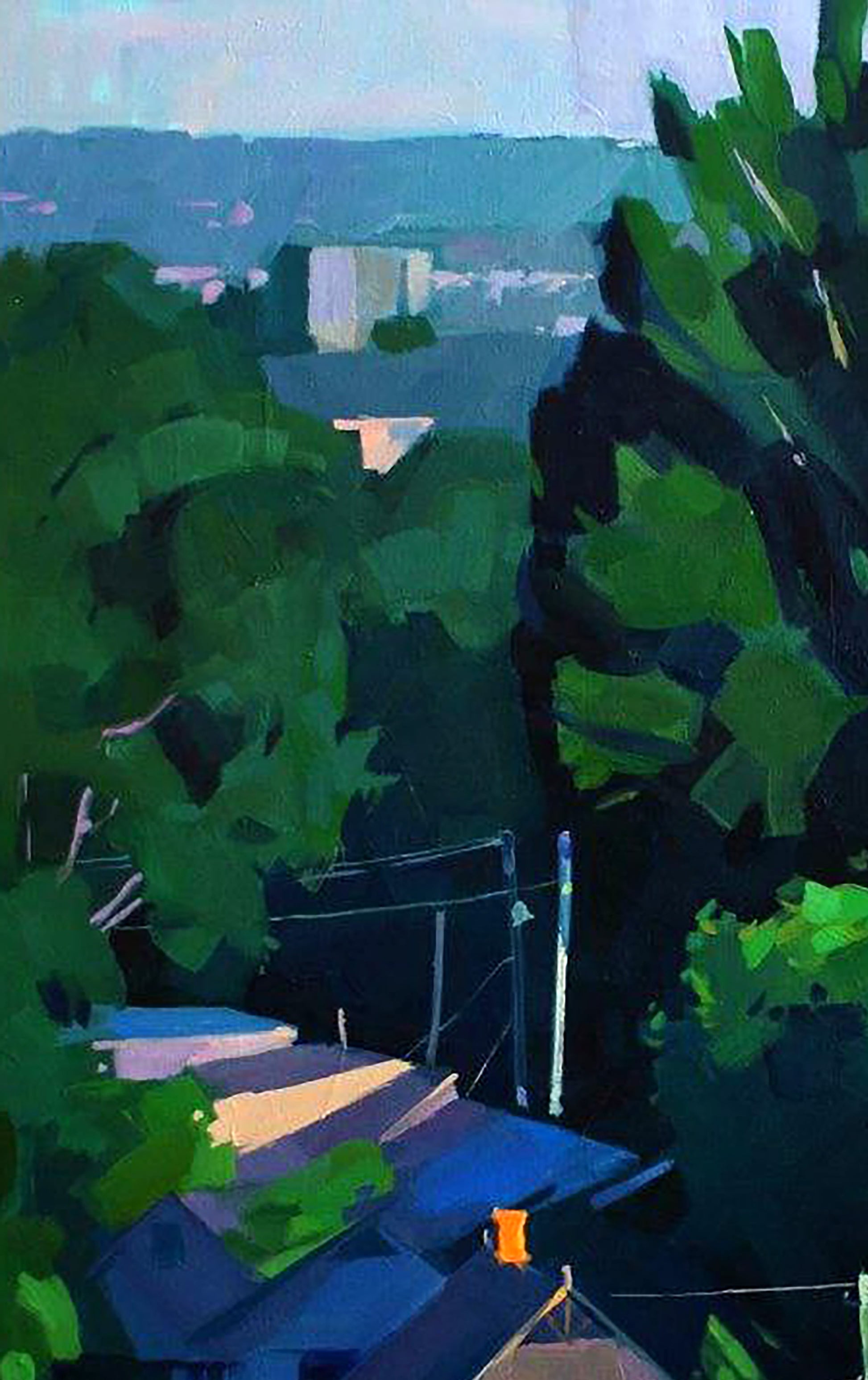 Oil painting At five in the morning by Anastasia Yaroshevich: vibrant green foliage frames distant rooftops under soft blue sky