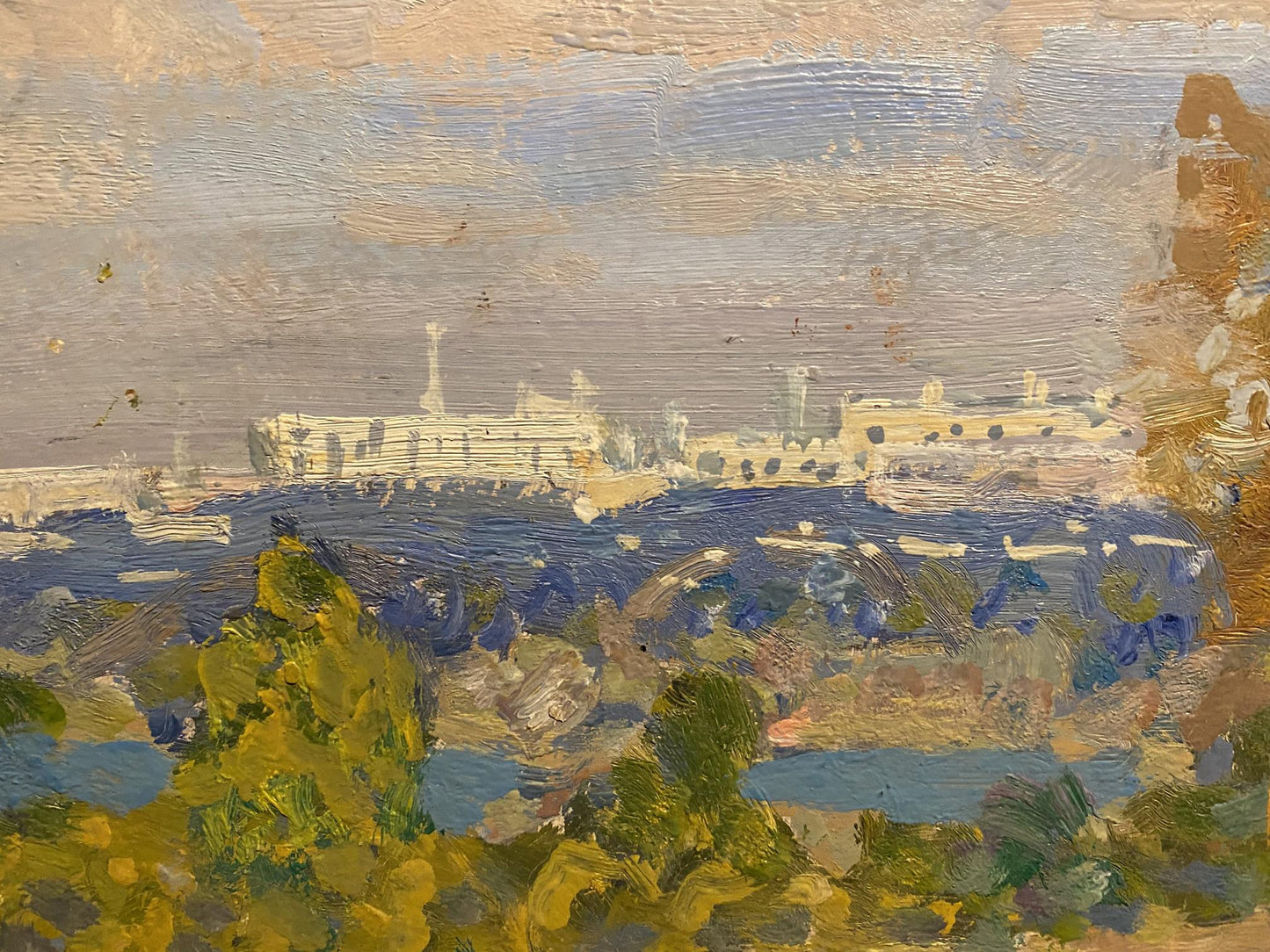 Impressionistic oil painting of coastal town by Georgy Kolosovsky