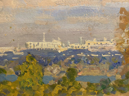 Impressionistic oil painting of coastal town by Georgy Kolosovsky