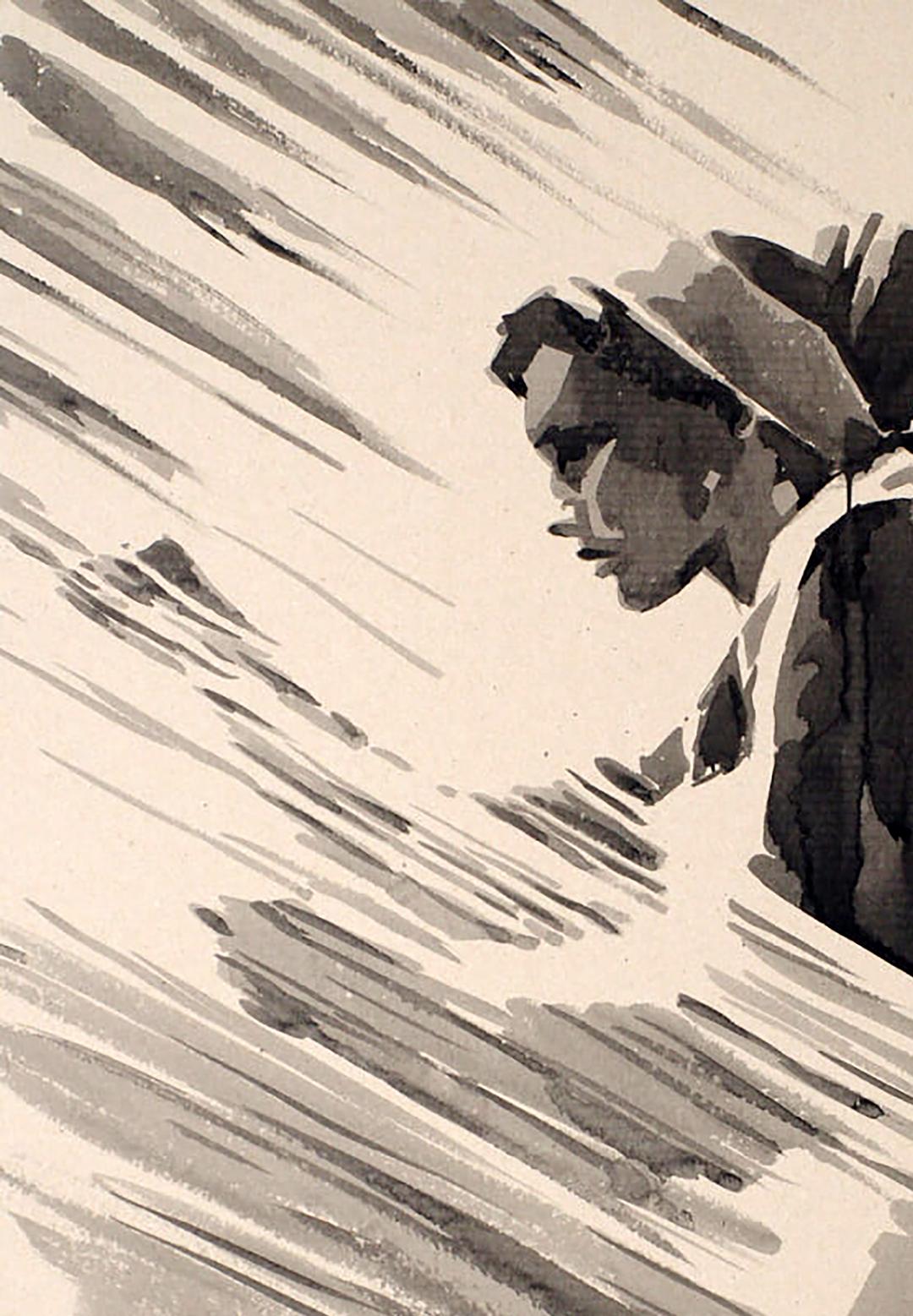 Stylized black-and-white profile of man in hat and coat from Ink painting Threads of Fate Dima Filatov