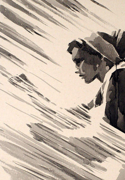 Stylized black-and-white profile of man in hat and coat from Ink painting Threads of Fate Dima Filatov
