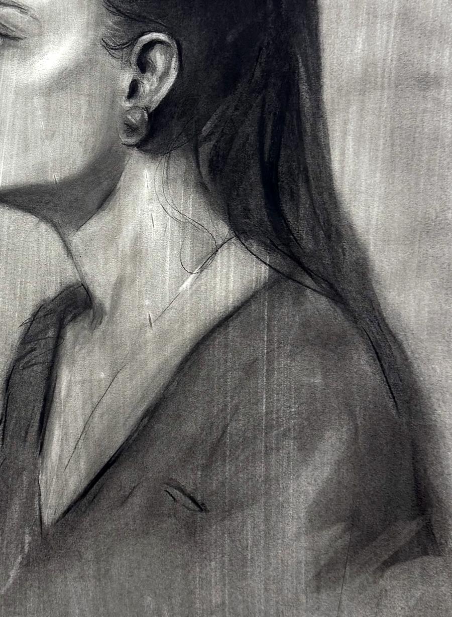 Charcoal portrait sketch of Persephone by Annam Butt, womans profile