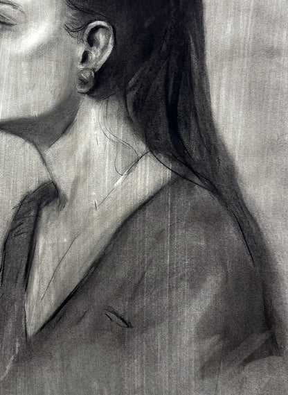 Charcoal portrait sketch of Persephone by Annam Butt, womans profile