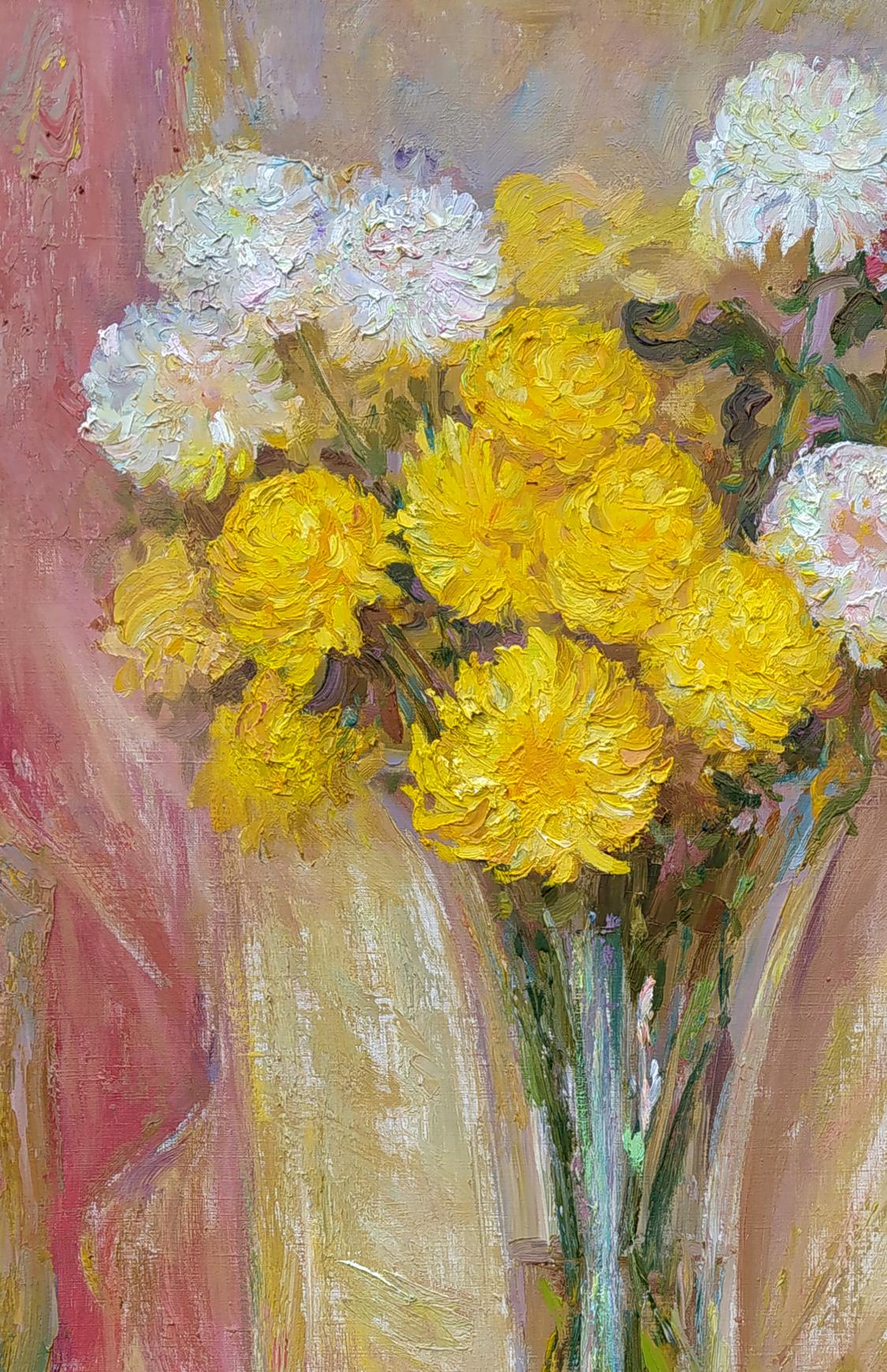 Oil painting Autumn mood by Leonid Pavlenko: yellow white chrysanthemums in glass vase
