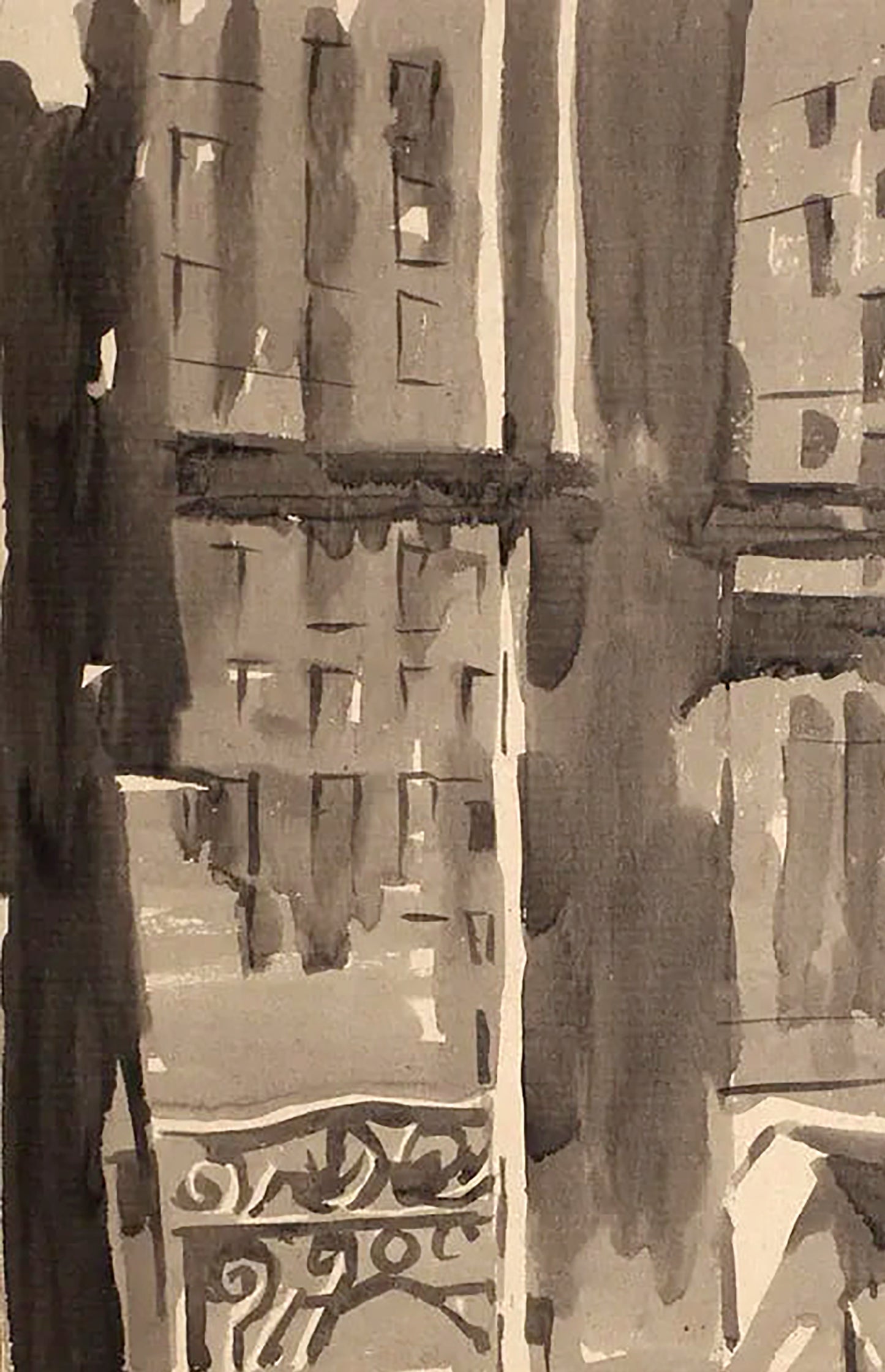 Sepia watercolor cityscape with ornate balcony by Dima Filatov Forgotten Pleasures