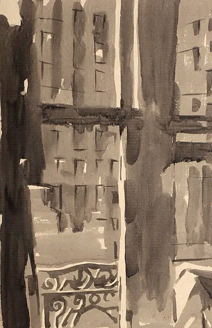 Sepia watercolor cityscape with ornate balcony by Dima Filatov Forgotten Pleasures