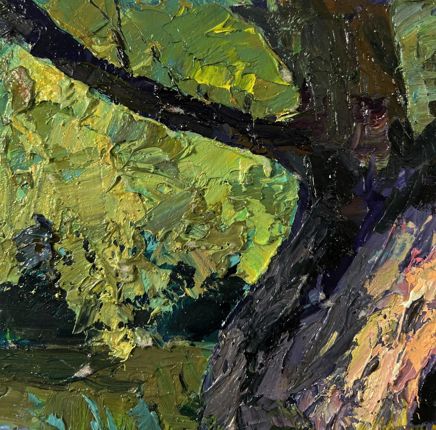 Oil painting of tree near river by Boris Serdyuk, textured green yellow black strokes
