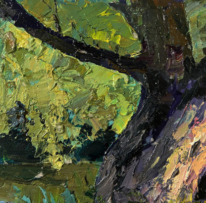Oil painting of tree near river by Boris Serdyuk, textured green yellow black strokes
