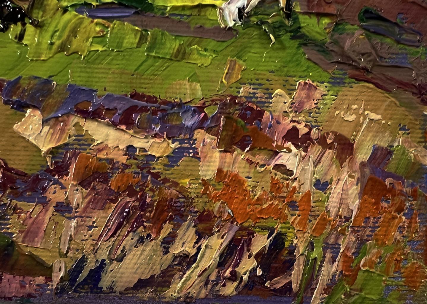 Oil painting Summer nature by Oksana Ivanyuk with impasto green, brown strokes