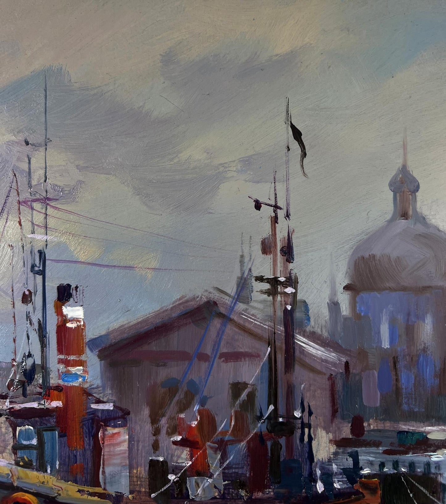 Oil painting by Yuriy Suprunchuk: boats at city pier in muted blues