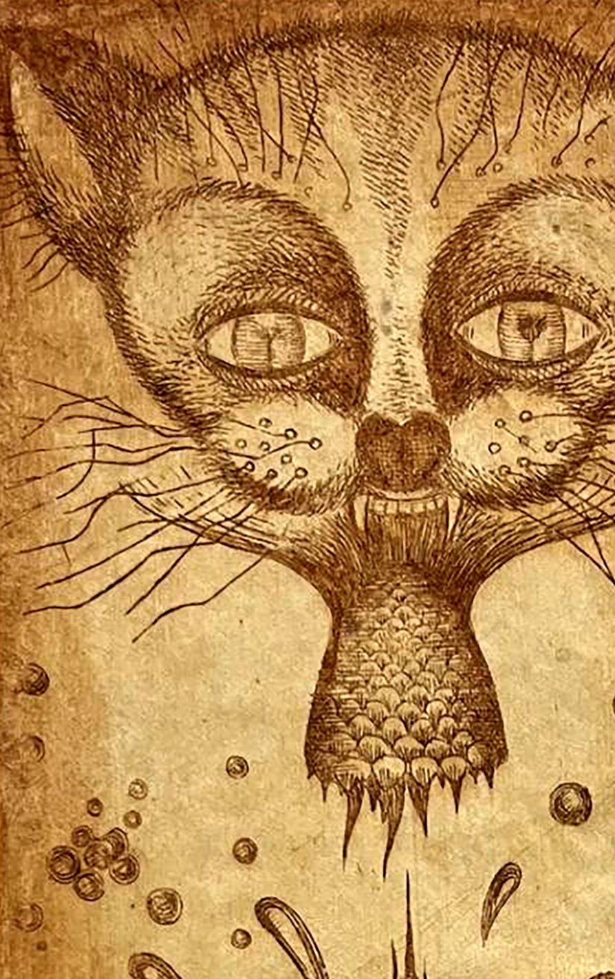 Sepia-toned etching of cats face by Oleksandr Zhmailo Island painting