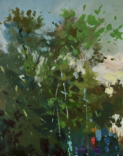 Oil painting Boats on the river by Yuriy Suprunchuk in green blue tones