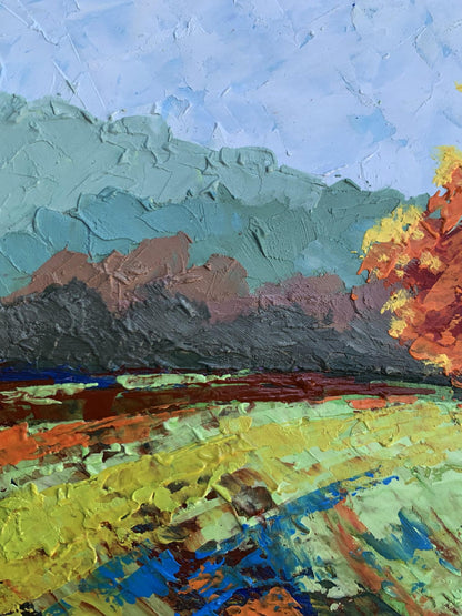 Oil painting Autumn tree V. Zadorozhnya: teal brown mountains, autumn trees