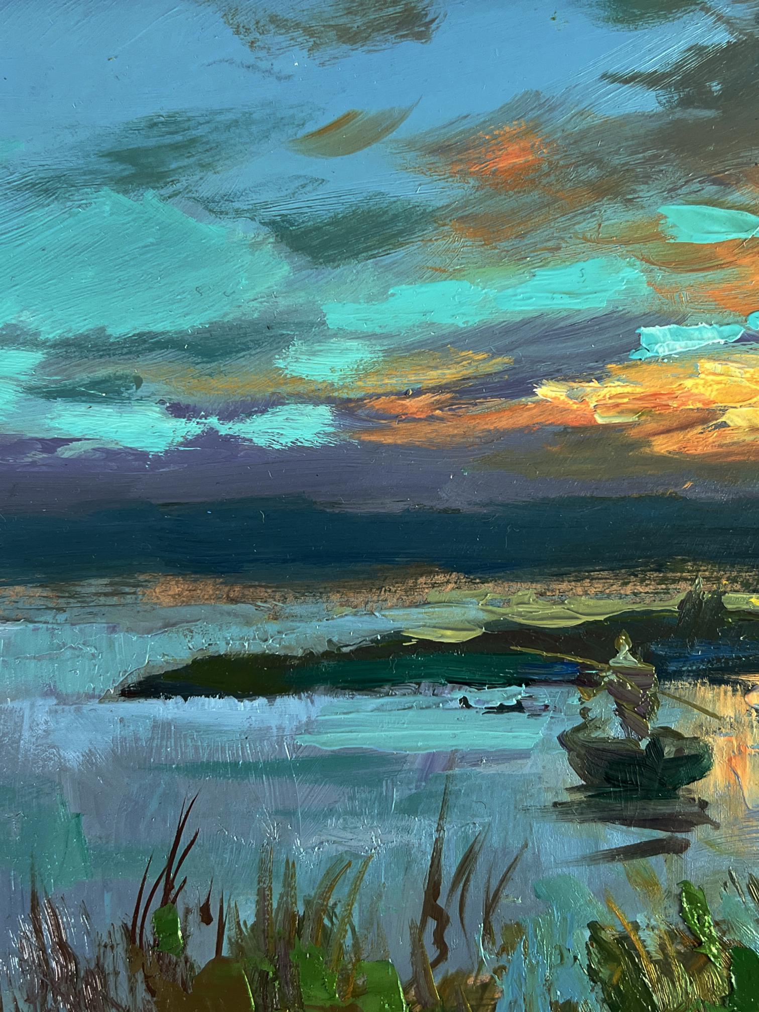 Oil painting of sunset fishing by Yuriy Suprunchuk on calm waters