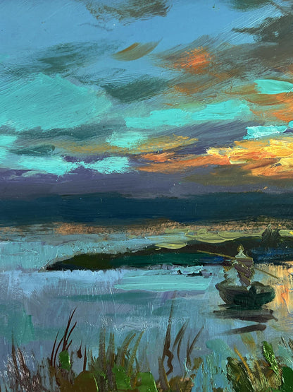 Oil painting of sunset fishing by Yuriy Suprunchuk on calm waters