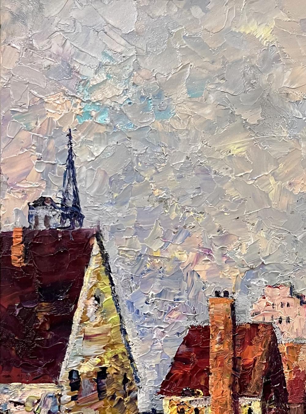 Textured impressionist village painting with red yellow rooftops by Serhiy Rybak