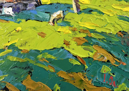 Vibrant impressionist oil painting of forest path to sunny hut by Oleksiy Ivanyuk