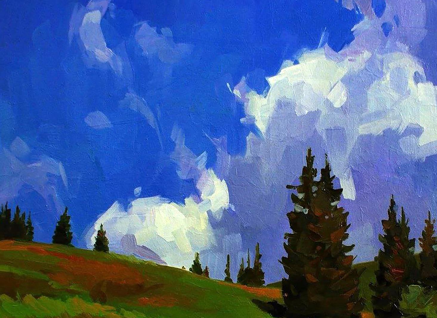 Oil painting of vibrant blue sky, fluffy clouds over green hillside with evergreens by Anastasia Yaroshevich