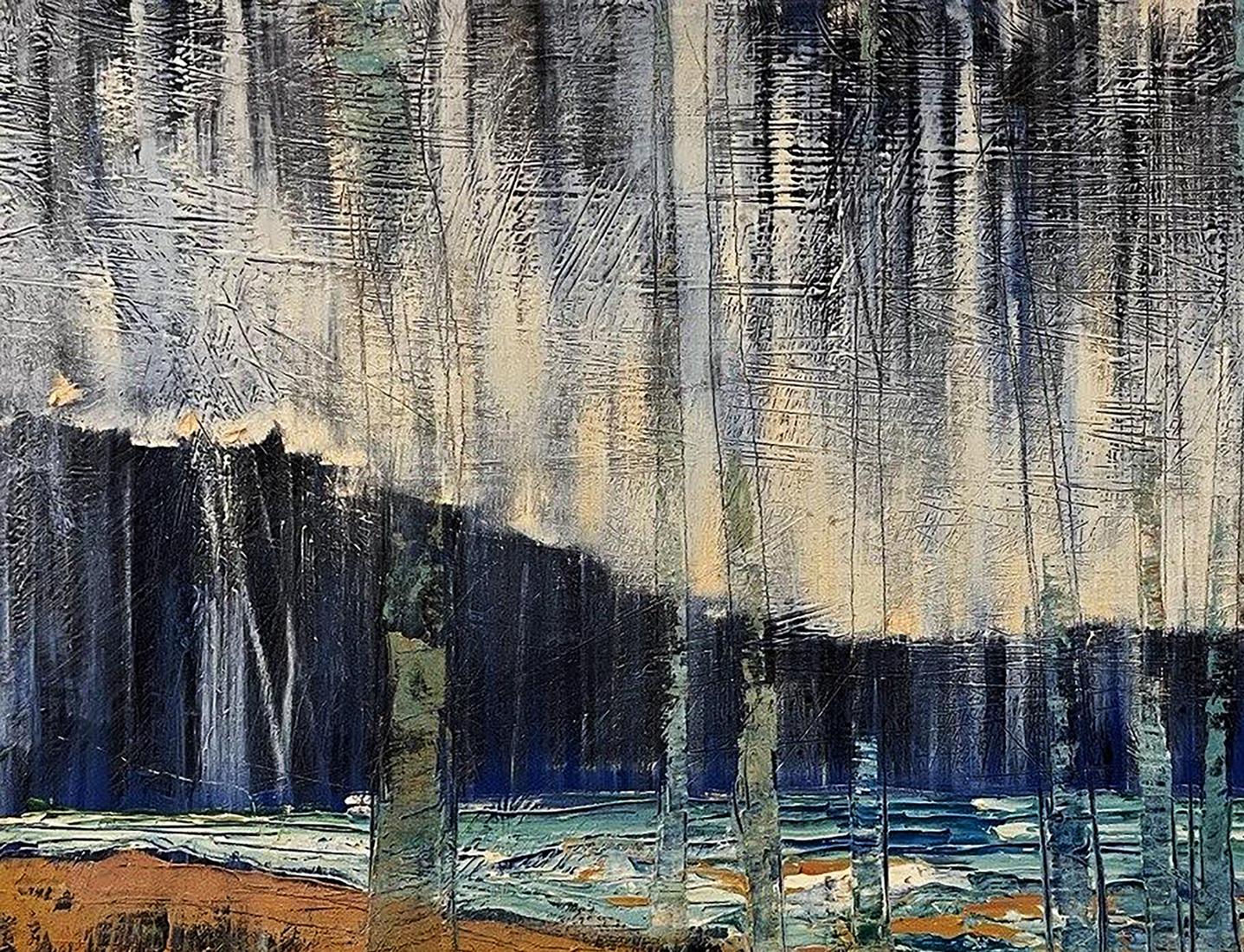 Oil painting glass landscape by Serhiy Kovalev with abstract gray blue beige strokes