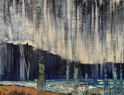 Oil painting glass landscape by Serhiy Kovalev with abstract gray blue beige strokes