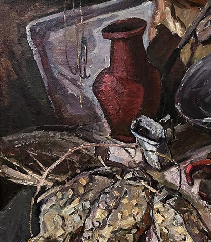 Textured deep red ceramic vase by Oleksandr Andreev still life