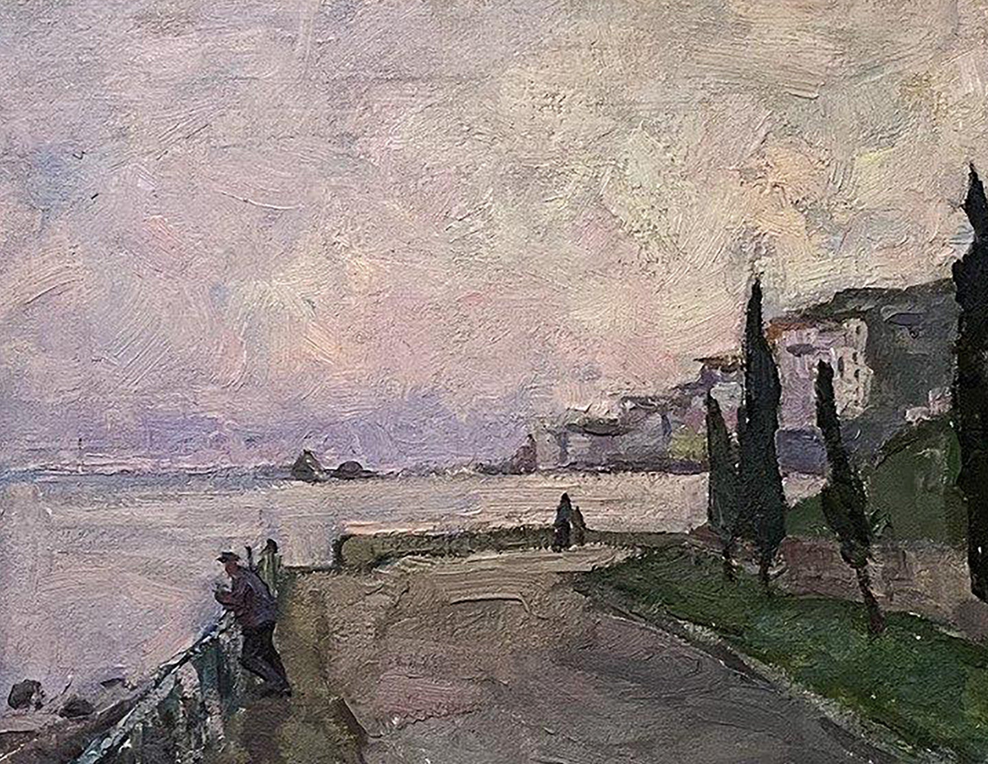 Oil painting Embankment by Oleksandr Andreev: coastal path with cypress trees
