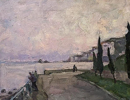 Oil painting Embankment by Oleksandr Andreev: coastal path with cypress trees