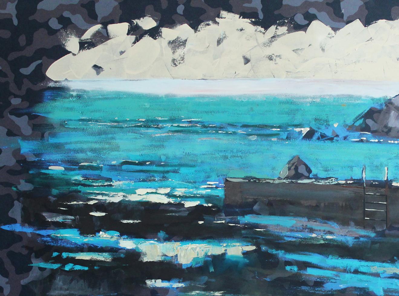 Vibrant turquoise blue abstract seascape oil painting Sanatorium by the sea by Ed Potapenkov