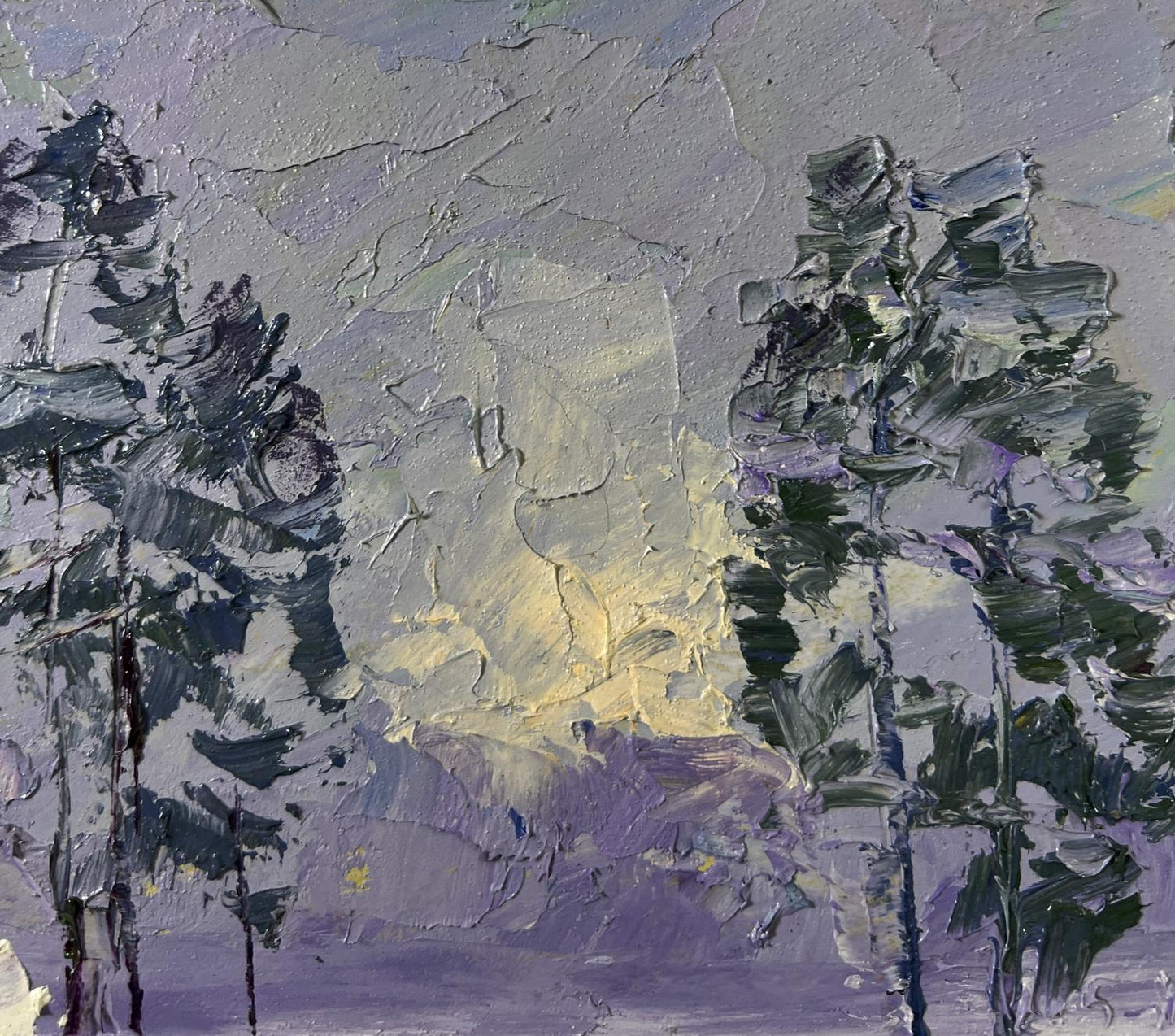 Abstract oil painting of snowy forest by Boris Serdyuk in muted purples and grays