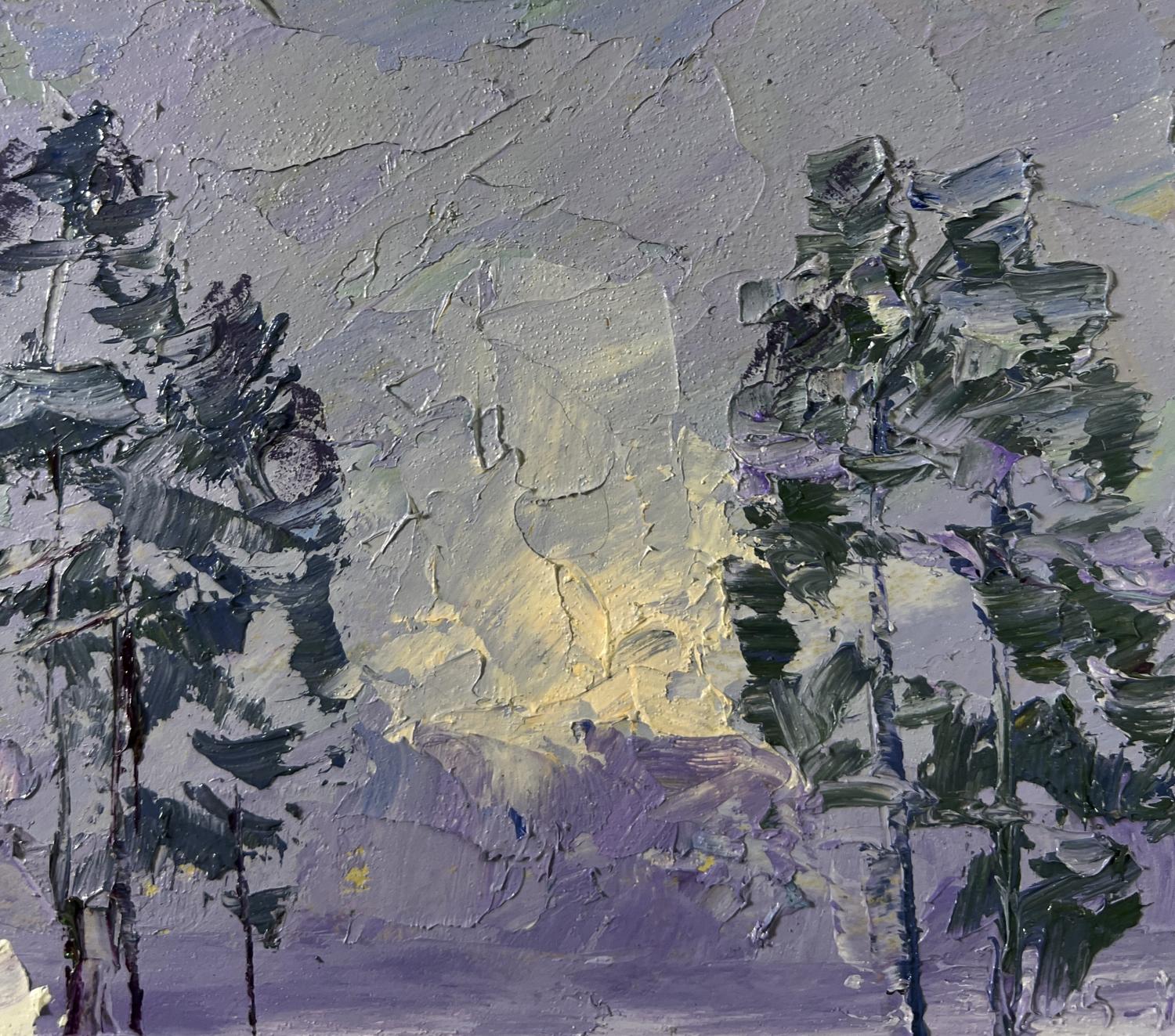 Abstract oil painting of snowy forest by Boris Serdyuk in muted purples and grays