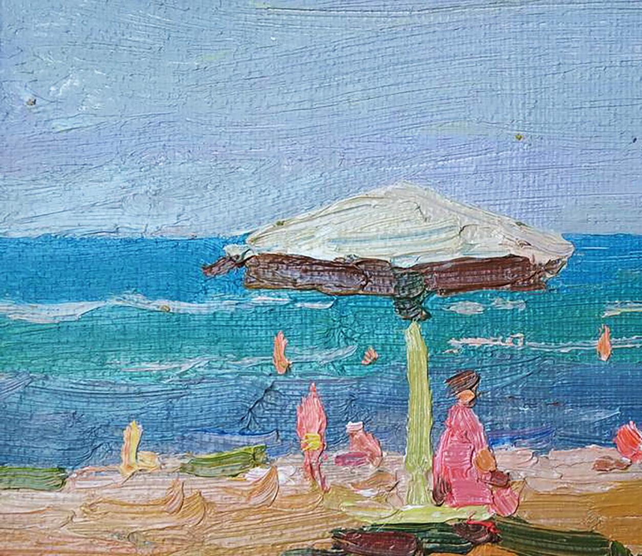 Oil painting of white and brown beach umbrella on sandy shore by Yury Konovalov