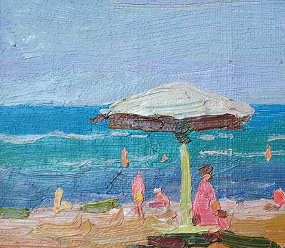 Oil painting of white and brown beach umbrella on sandy shore by Yury Konovalov