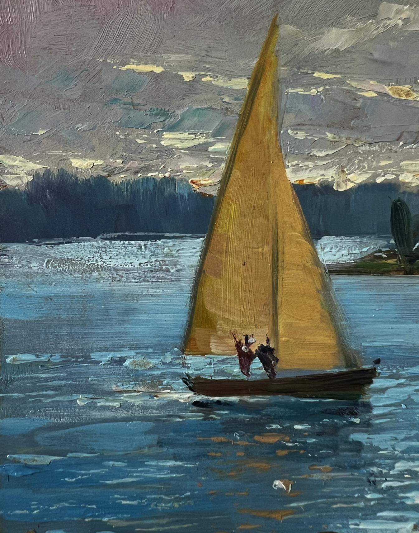 Oil painting of golden sailboat on river by Yuriy Suprunchuk