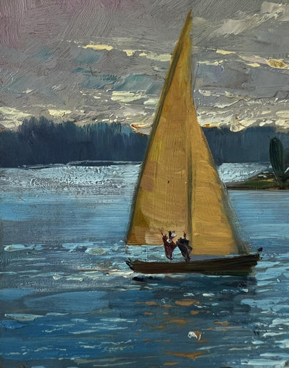Oil painting of golden sailboat on river by Yuriy Suprunchuk