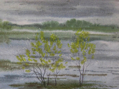 Watercolor painting The river rose in the field by Valery Savenets misty trees