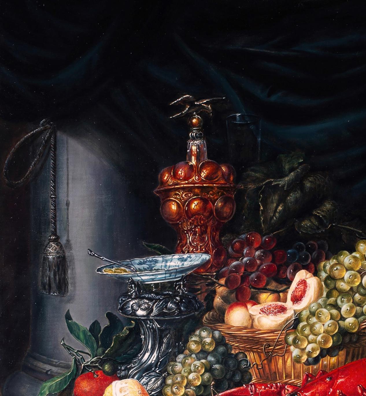 Ornate red glass decanter with golden eagle finial in Valeriy Bulat still life
