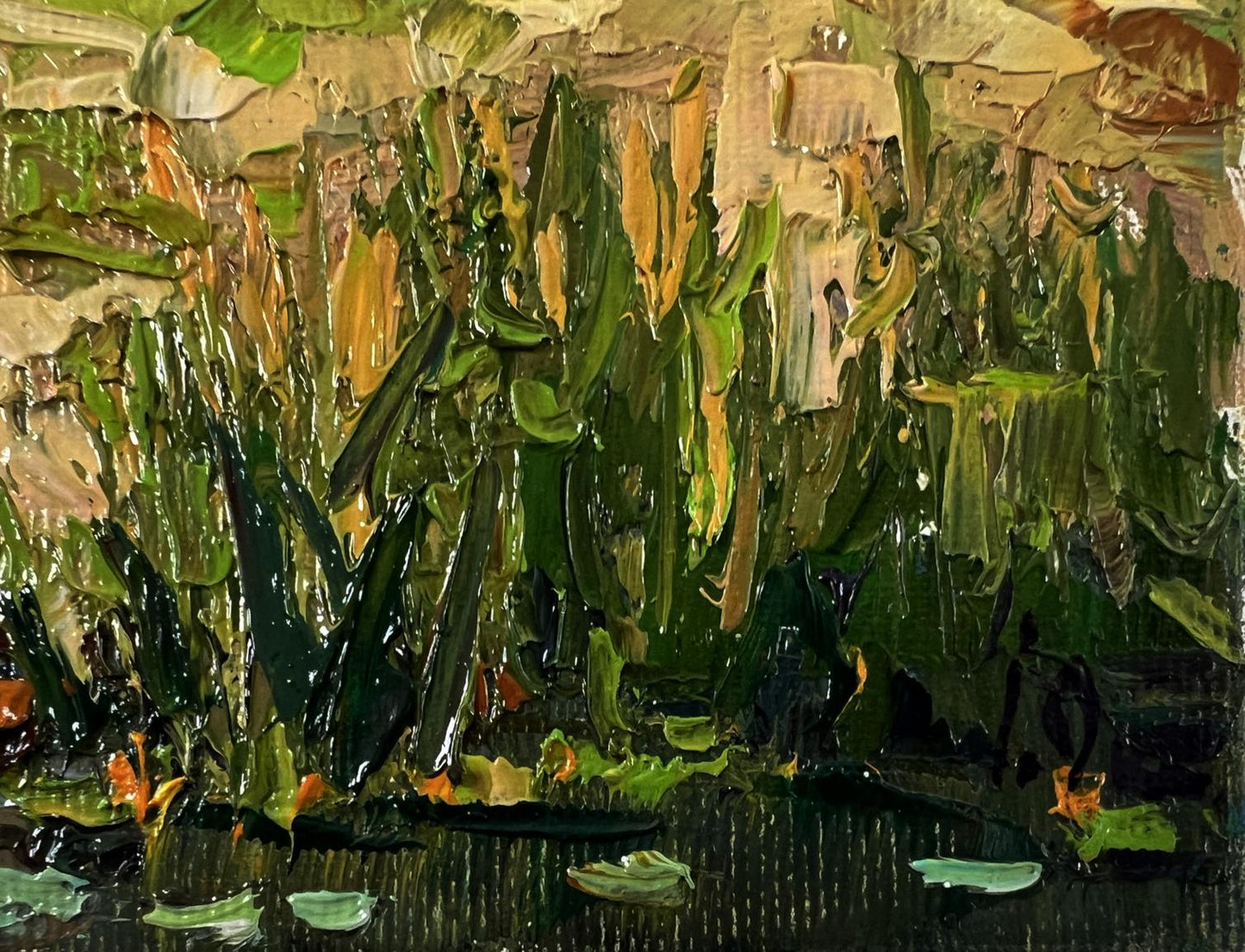 Textured impressionist oil painting of lush green forest village near swamps by Oksana Ivanyuk