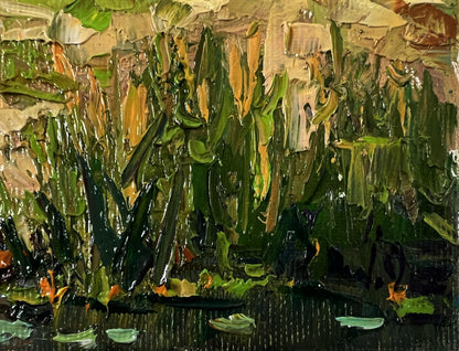 Textured impressionist oil painting of lush green forest village near swamps by Oksana Ivanyuk