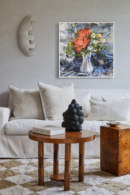 Oil painting Kaleidoscope of Bloom by Volodymyr Gluhomanyuk: orange white flowers vase