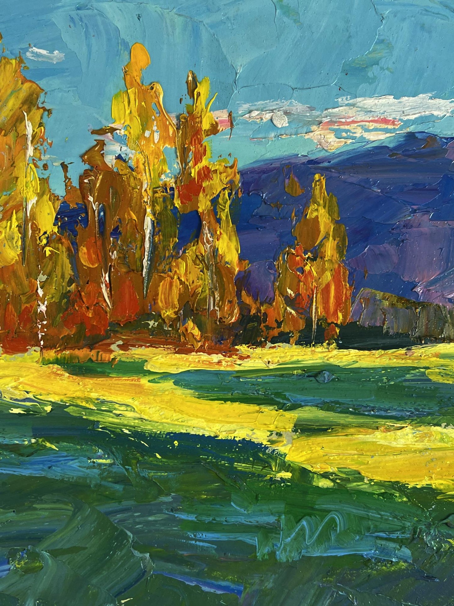 Golden birch forest oil painting by Boris Serdyuk, vibrant impressionist landscape