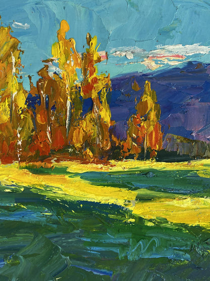 Golden birch forest oil painting by Boris Serdyuk, vibrant impressionist landscape