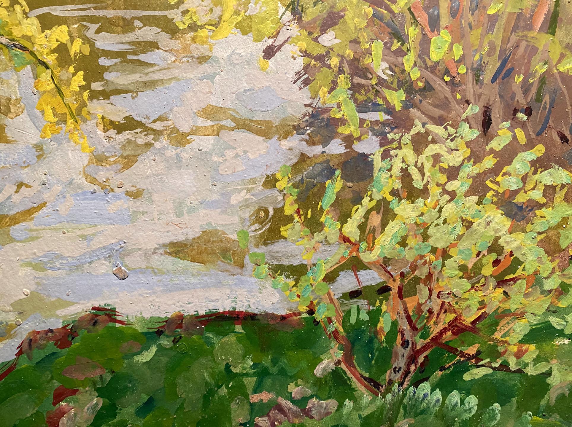 Oil painting Above a river by Georgy Kolosovsky: vibrant tree reflected in water