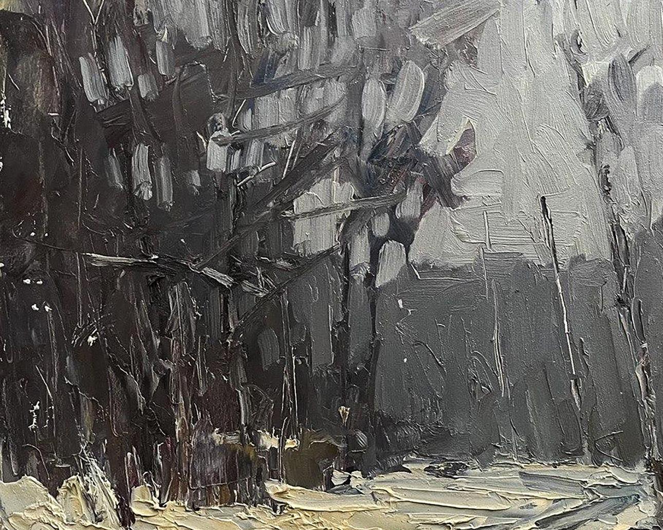 Abstract expressionist oil painting of winter forest by Volodymyr Pashchenko
